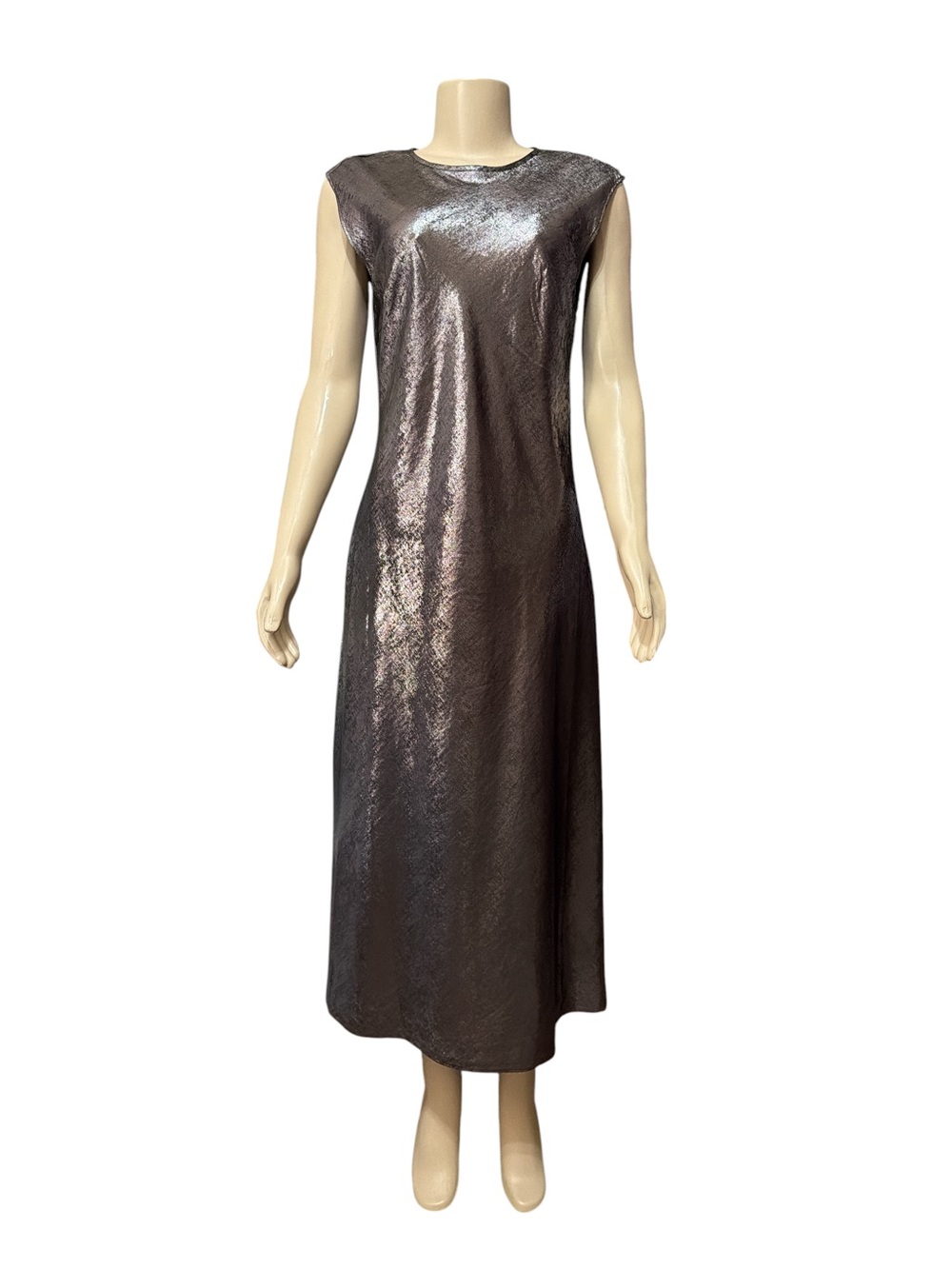 NWT Gibson Latimer Size L Gunmetal Metallic Foil Sleeveless Midi Dress